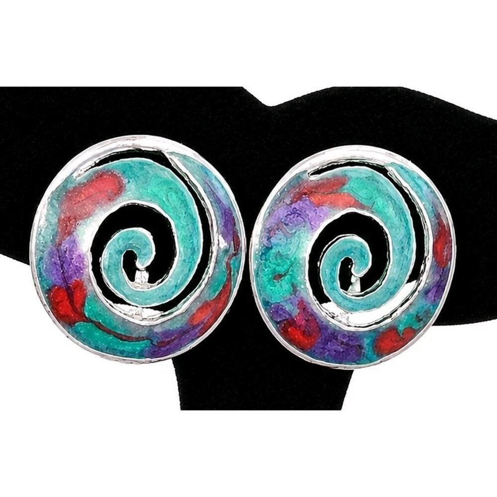 Vintage Retro Enamel Pierced Earrings- Aqua Blue, Red, Purple- 1" Round bp-58